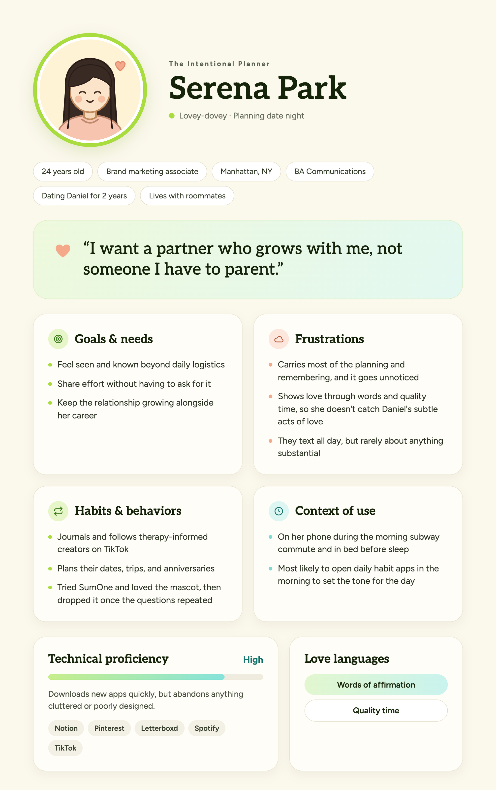 Persona: Serena Park, "The Intentional Planner" — the partner who initiates
